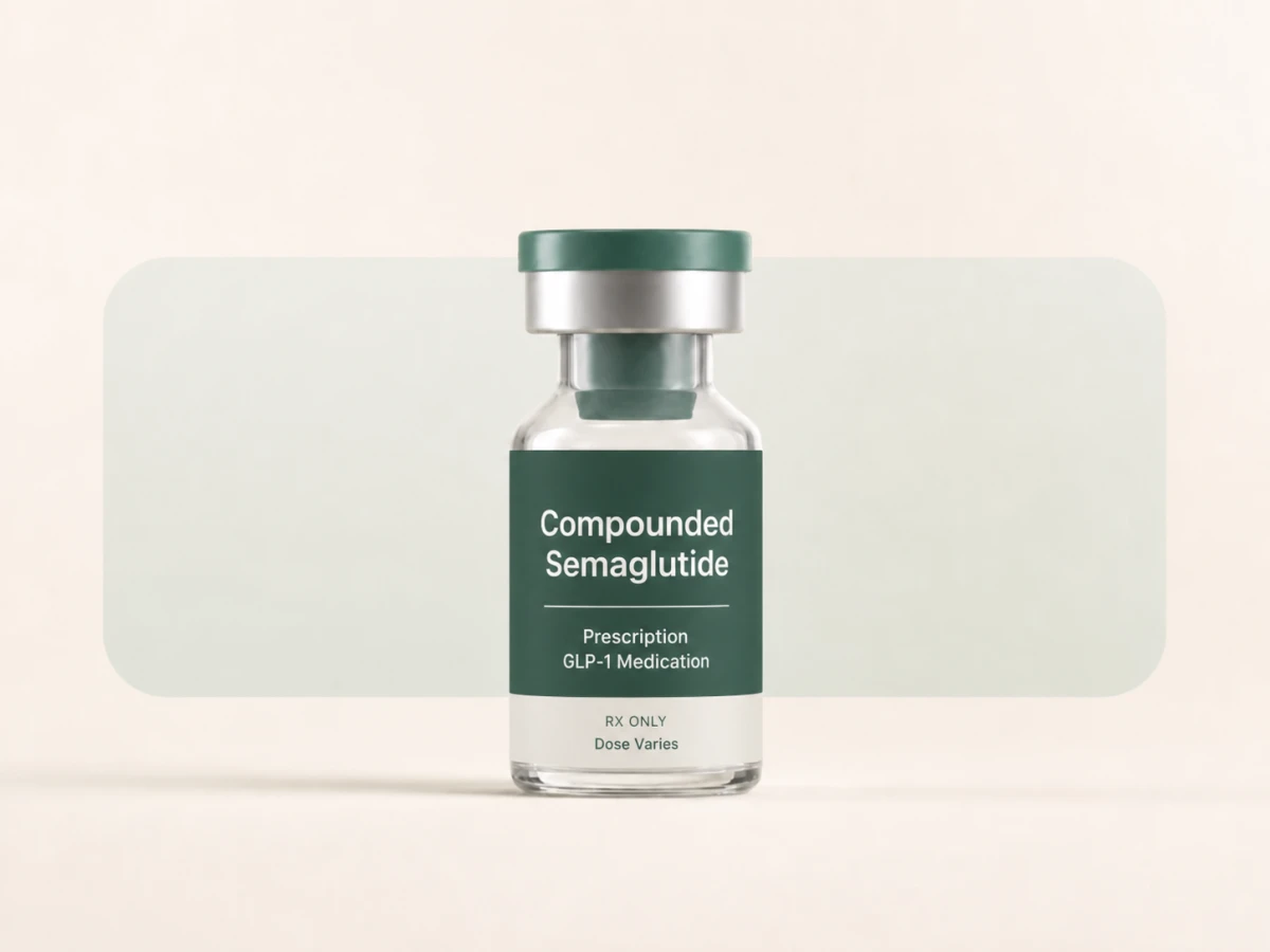 Prescription vial labeled Compounded Semaglutide, prescription GLP-1 medication, Rx only, dose varies