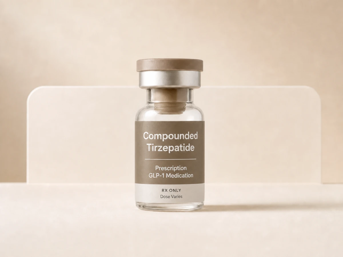 Prescription vial labeled Compounded Tirzepatide, prescription GLP-1 medication, Rx only, dose varies